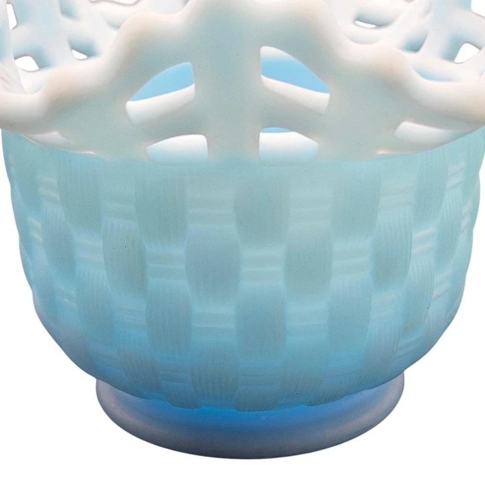 Fenton Light Blue Satin‎ Finish Glass Basketweave Bowl Open Lace Ruffled Rim
